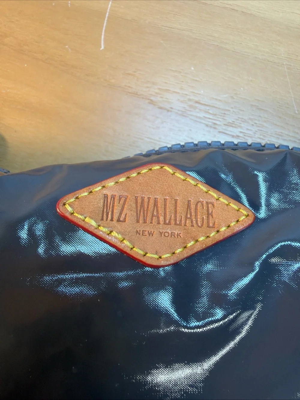 MZ Wallace Glossy Black Lacquer Nylon Zip Pouch Makeup Cosmetic Bag 12x 8” Gray